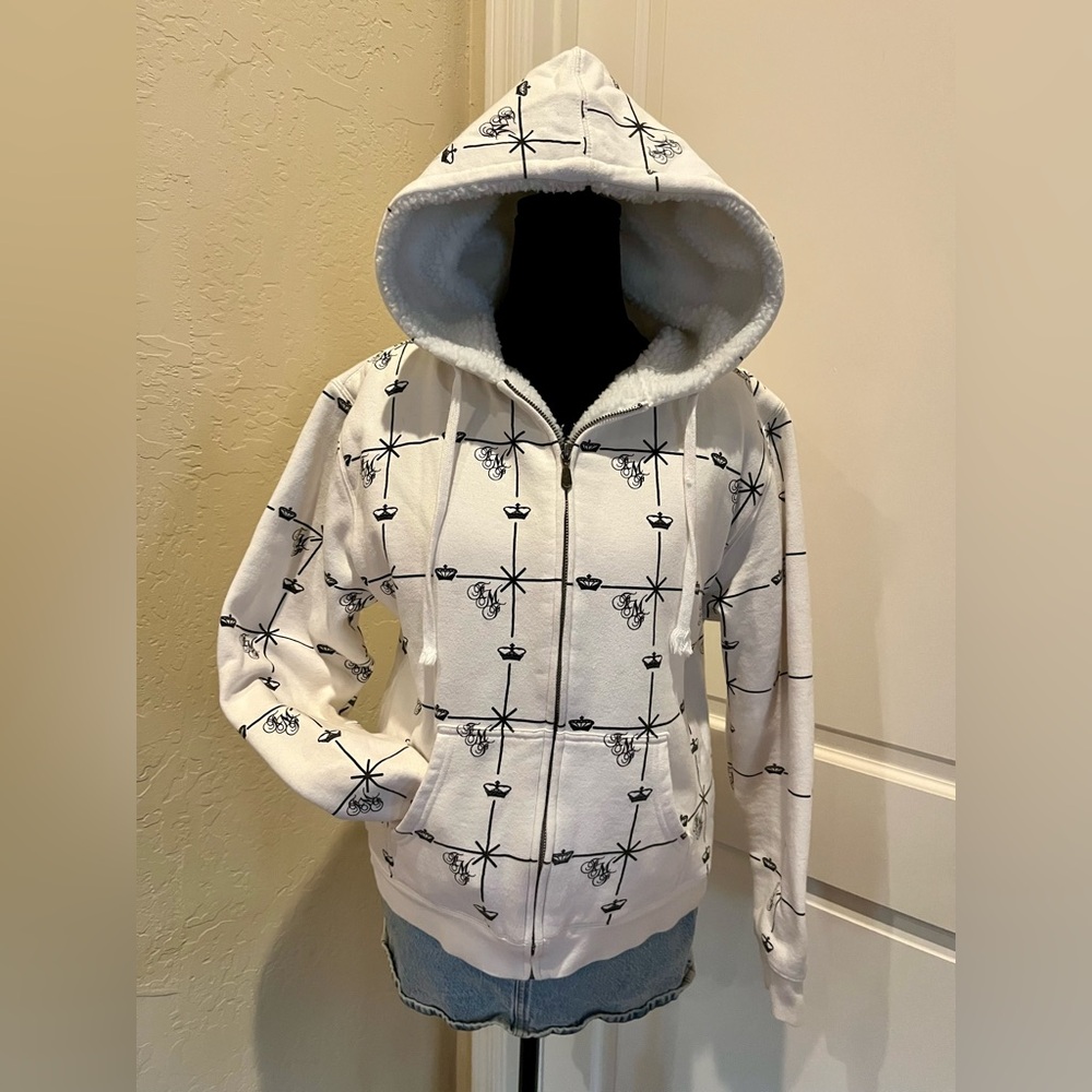 Vintage White Zipper Hoodie with Black Crown & FMF Logo Pattern